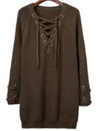 Shein Eyelet Lace Up V Neckline Knit Dress