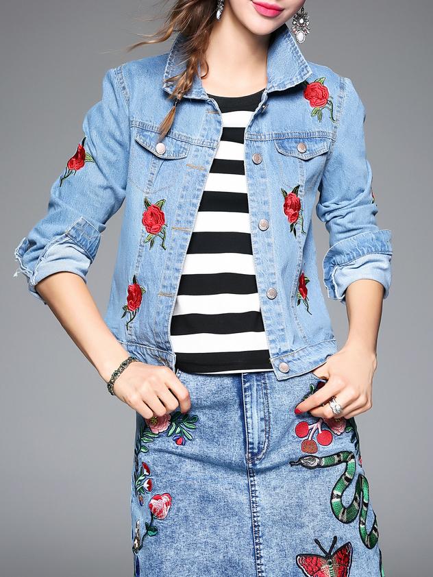 Shein Blue Lapel Rose Embroidered Denim Coat