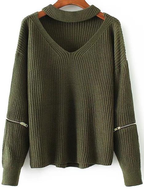 Shein Army Green Choker V Neck Zipper Detail Sweater