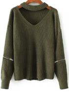 Shein Army Green Choker V Neck Zipper Detail Sweater