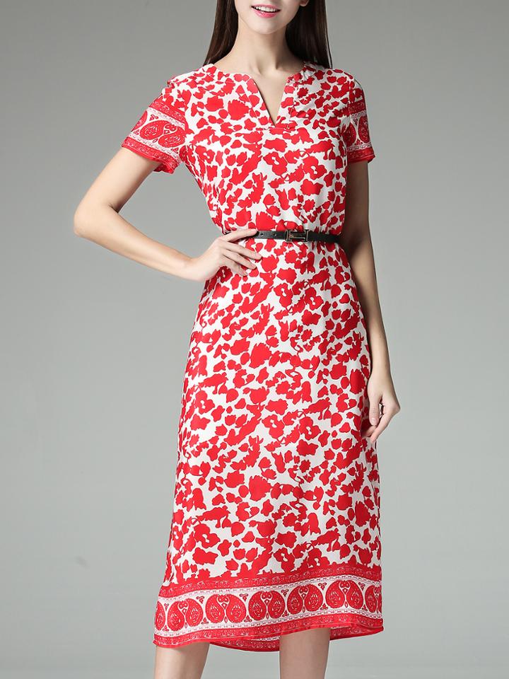 Shein Red Belted Print A-line Dress