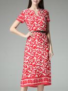 Shein Red Belted Print A-line Dress