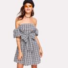 Shein Exaggerate Bow Tie Front Plaid Bardot Dress