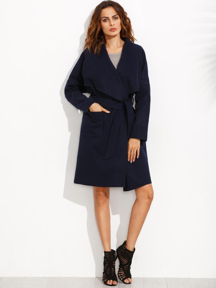 Shein Navy Drop Shoulder Drape Collar Wrap Coat