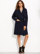 Shein Navy Drop Shoulder Drape Collar Wrap Coat