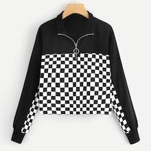 Shein Plaid Panel Zip Neck Sweatshirt