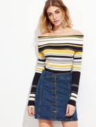 Shein Multi Stripe Off The Shoulder Foldover Sweater