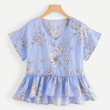 Shein Floral Print Striped Pep Hem Blouse