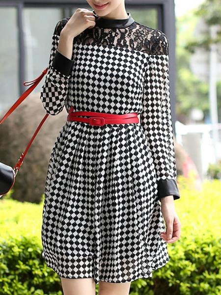 Shein Black Checkered Belted Contrast Pu Lace Dress