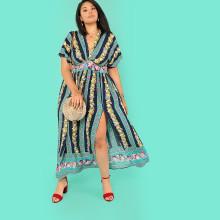 Shein Plus Floral Stripe Plunging Neck Dress
