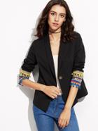 Shein Black Pom Pom Trim Embroidered Cuff Blazer