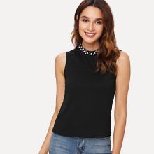 Shein Pearl Beading Stand Collar Sleeveless Top