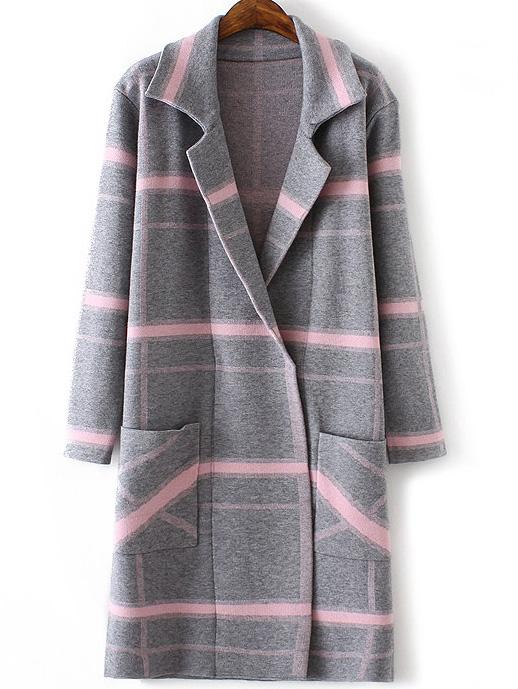 Shein Grey Plaid Shawl Collar Pocket Sweater Coat With Hidden Button