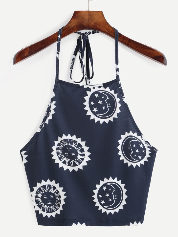 Shein Print Halter Neck Backless Crop Cami Top