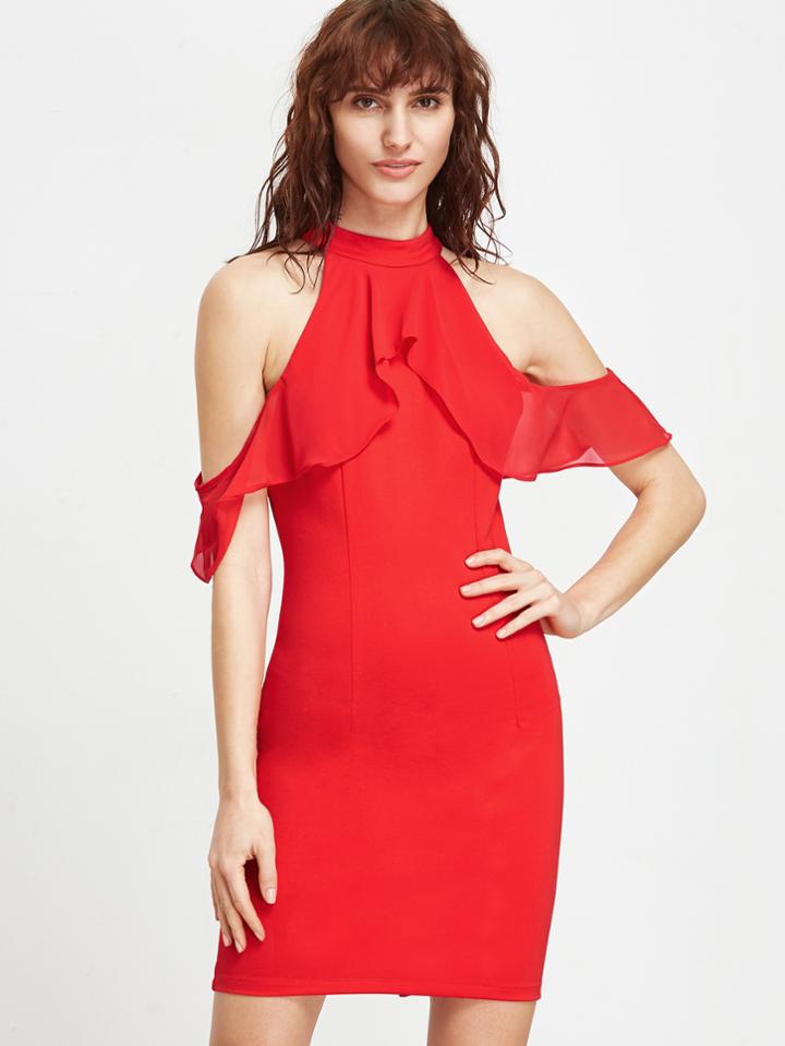 Shein Red Cold Shoulder Ruffle Sheath Dress