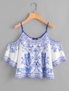 Shein Porcelain Print Cold Shoulder Top