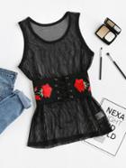 Shein Fishnet Tank Top With Lace Up Embroidered Corset Belt