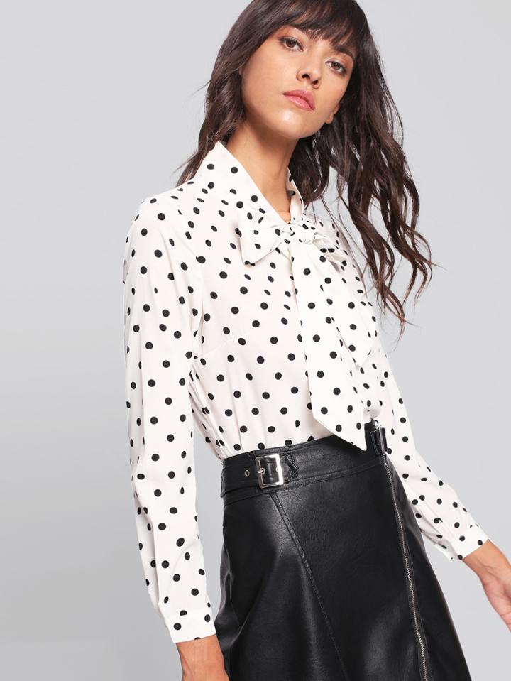 Shein Bow Tie Neck Dot Print Blouse