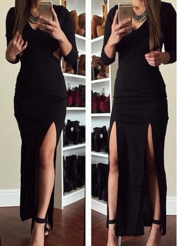 Rosewe Double Slit V Neck Black Maxi Dress