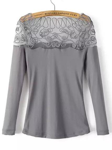 Shein Grey Long Sleeve Sheer Mesh Slim Top