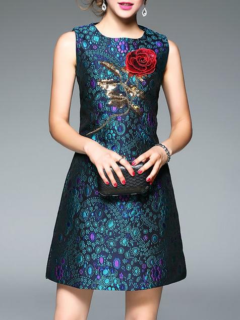 Shein Blue Sequined Jacquard Shift Dress