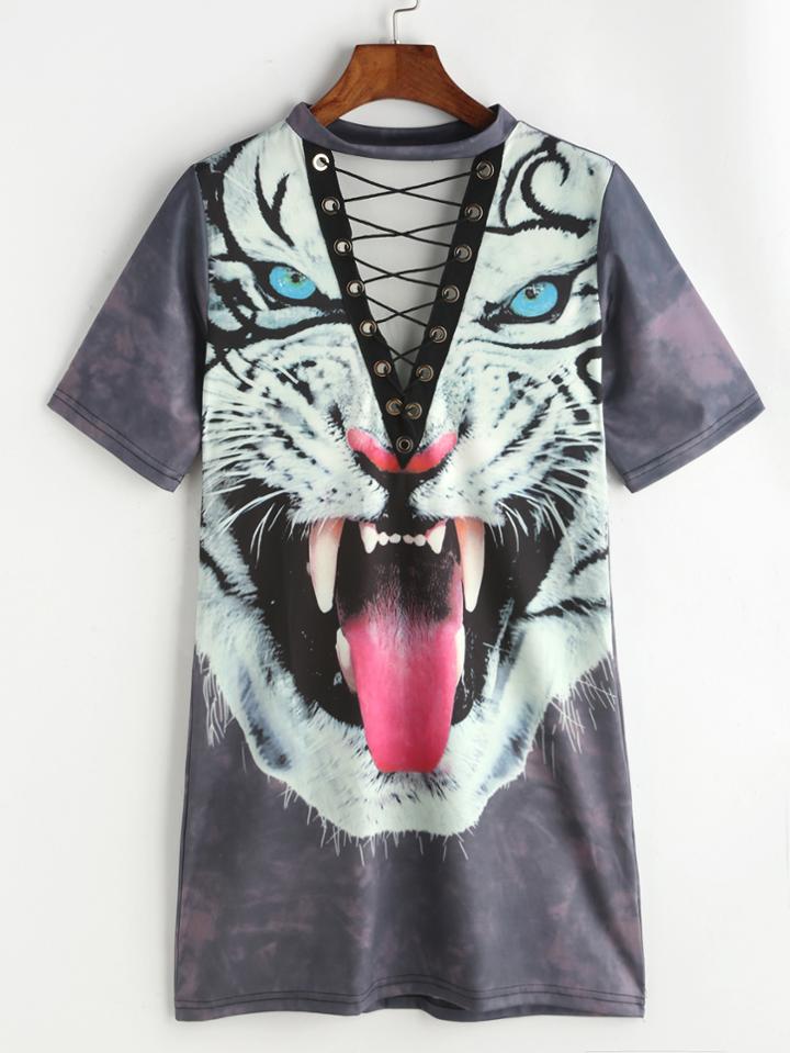 Shein Tiger Print Eyelet Lattice Front Tee Dress