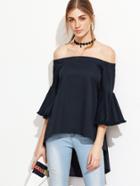 Shein Navy Off The Shoulder Bell Sleeve High Low Top