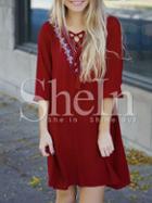 Shein Burgundy Lace Up Neck Embroidered Dress