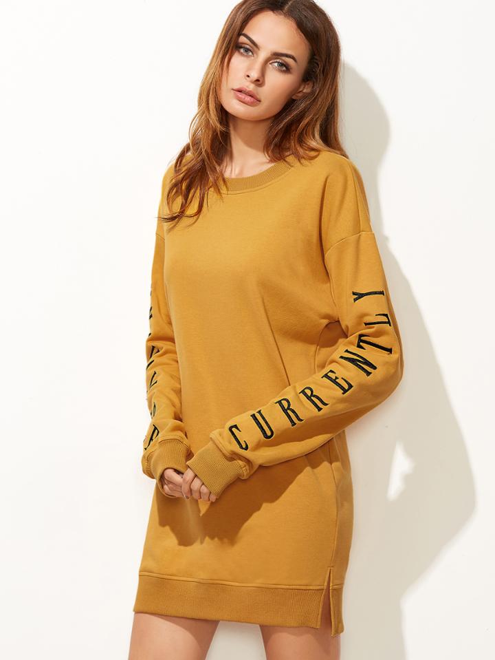 Shein Mustard Letter Embroidered Drop Shoulder Slit Sweatshirt Dress