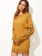 Shein Mustard Letter Embroidered Drop Shoulder Slit Sweatshirt Dress
