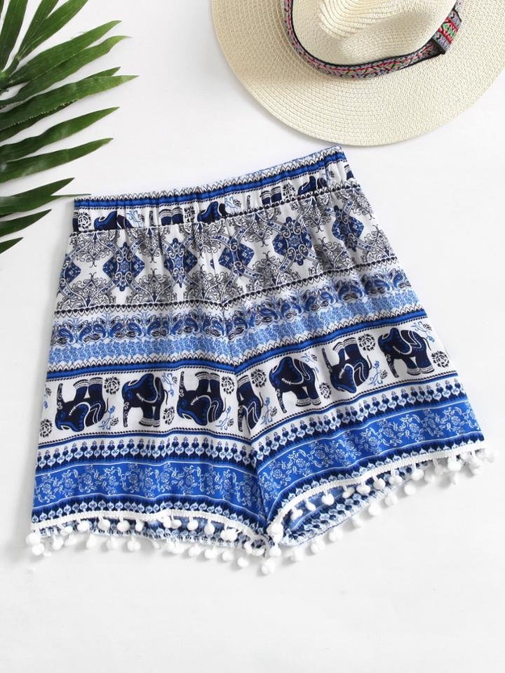 Shein Allover Aztec Print Pompom Hem Shorts