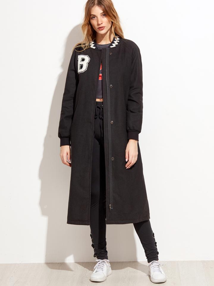 Shein Black Letter Patch Band Collar Long Outerwear