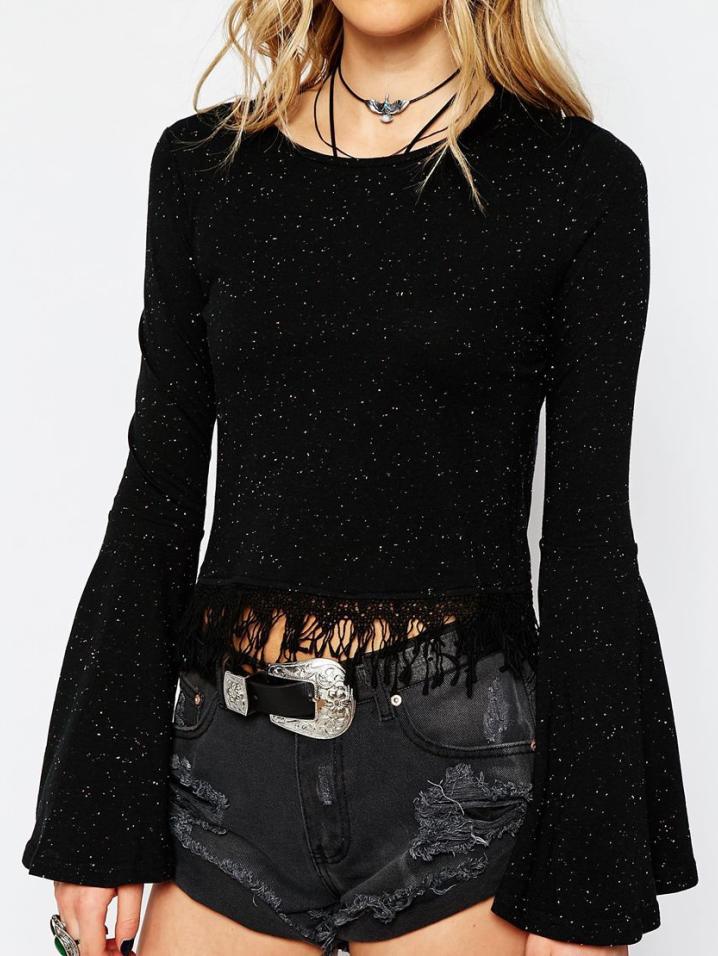 Shein Black Bell Sleeve Tassel T-shirt