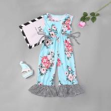 Shein Girls Knot Floral Print Ruffle Trim Jumpsuit