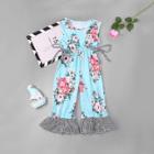 Shein Girls Knot Floral Print Ruffle Trim Jumpsuit