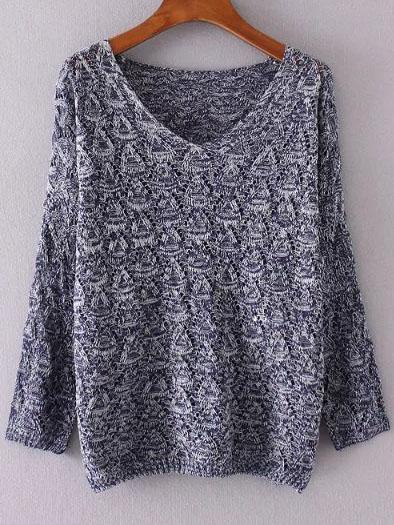 Shein Blue V Neck Loose Textured Sweater