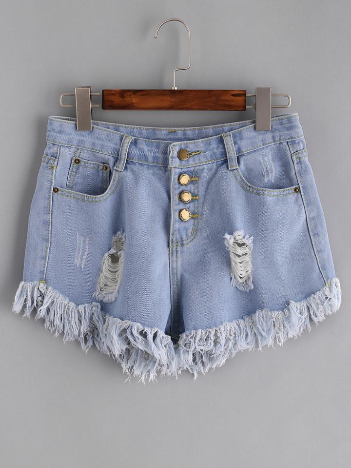 Shein Light Blue Single Breasted Ripped Raw Hem Denim Shorts