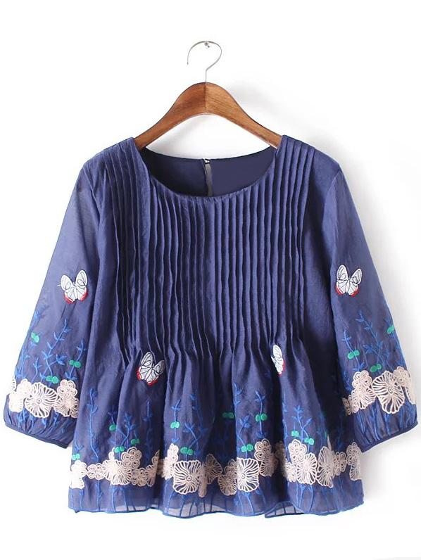 Shein Blue Pleated Butterfly Embroidery Organza Blouse