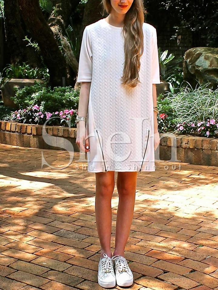 Shein Beige Crew Neck Zipper Shift Dress