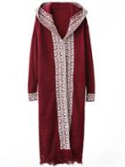 Shein Red Tribal Pattern Fringe Hem Hooded Long Cardigan