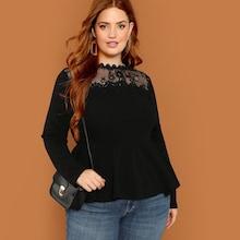 Shein Plus Lace Insert Solid Peplum Tee
