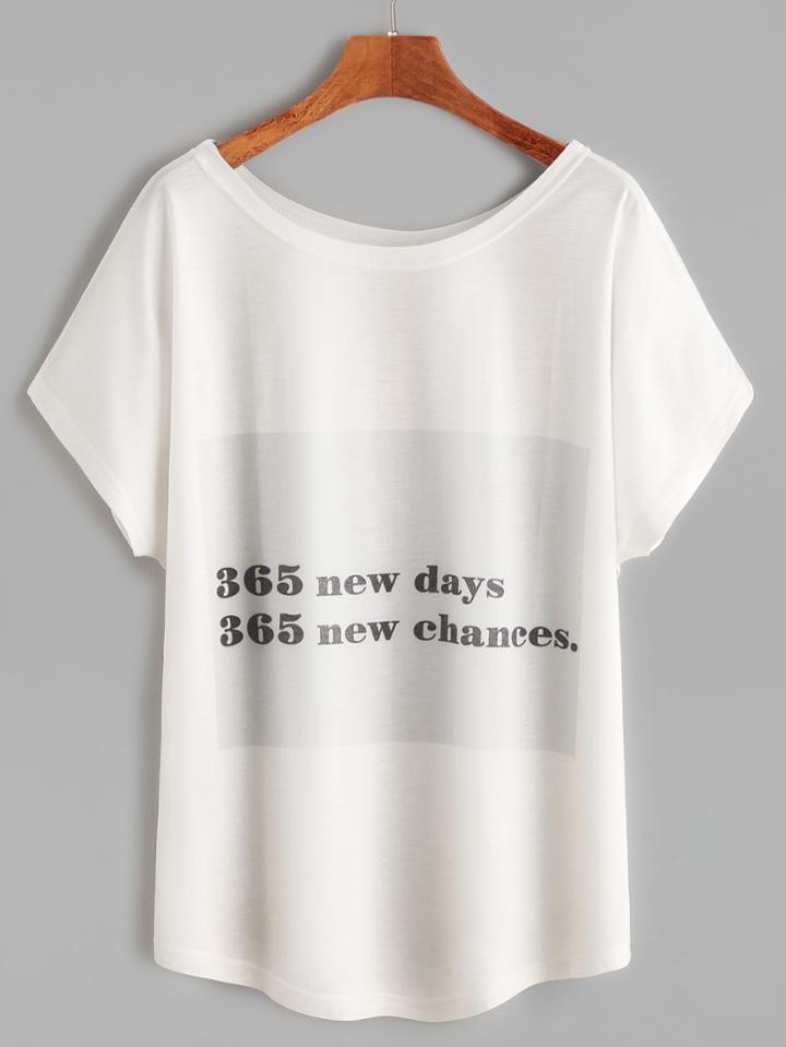 Shein Beige Slogan Print Dolman Sleeve T-shirt