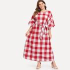 Shein Plus Exaggerated Flounce Sleeve Self Belted Plaid Dress