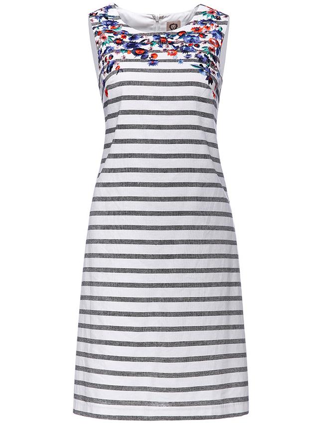 Shein White Grey Striped Embroidered Shift Dress