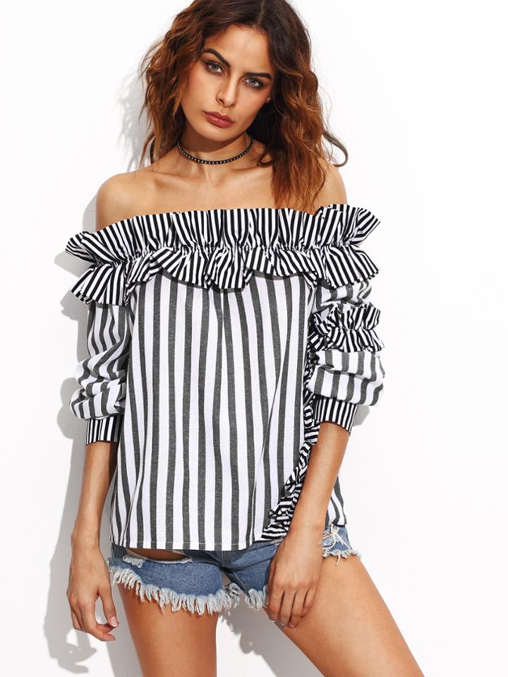 Shein Off Shoulder Striped Frill Trim Top
