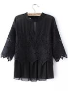 Shein Black Crew Neck Sheer Lace Blouse