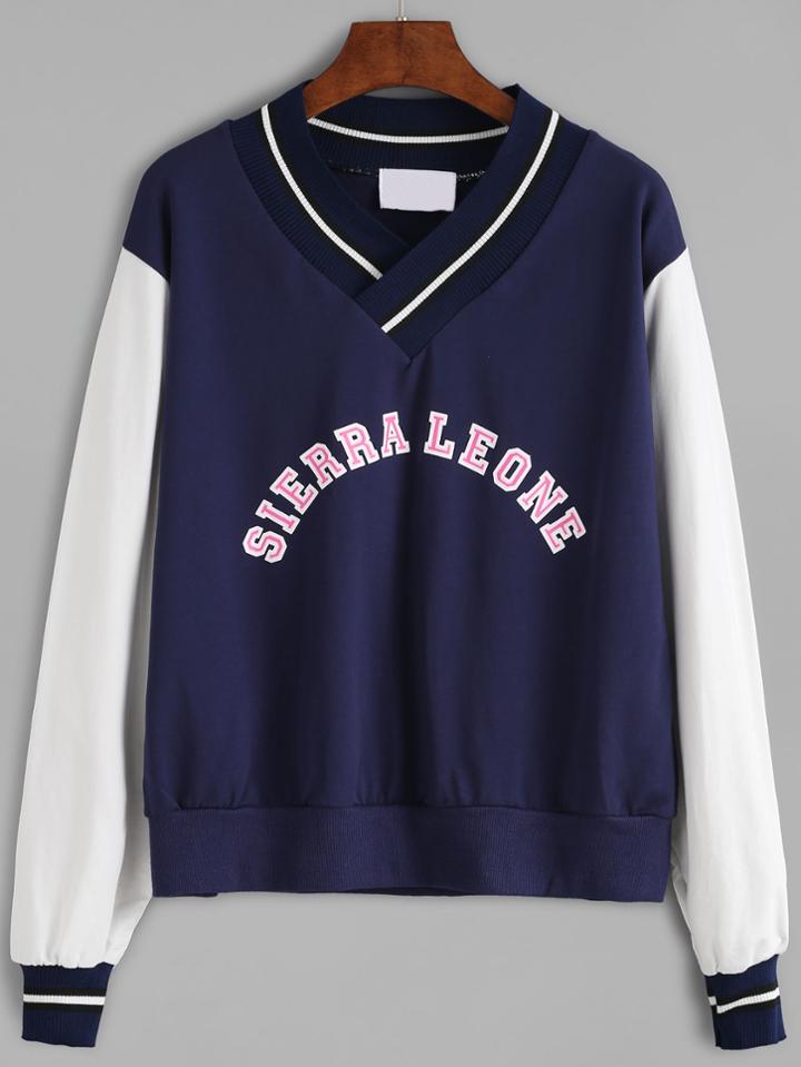 Shein V Neck Striped Trim Letter Print Sweatshirt