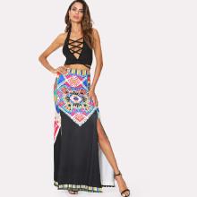 Shein Criss Cross Top & Graphic Print Split Side Skirt