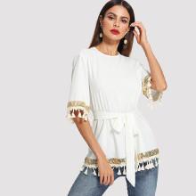 Shein Contrast Sequin Tassel Detail Belted Top
