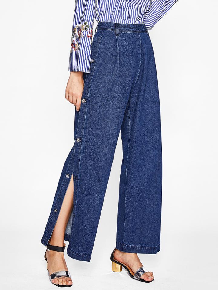 Shein Zip Back Buttoned Slit Side Wide Leg Jeans